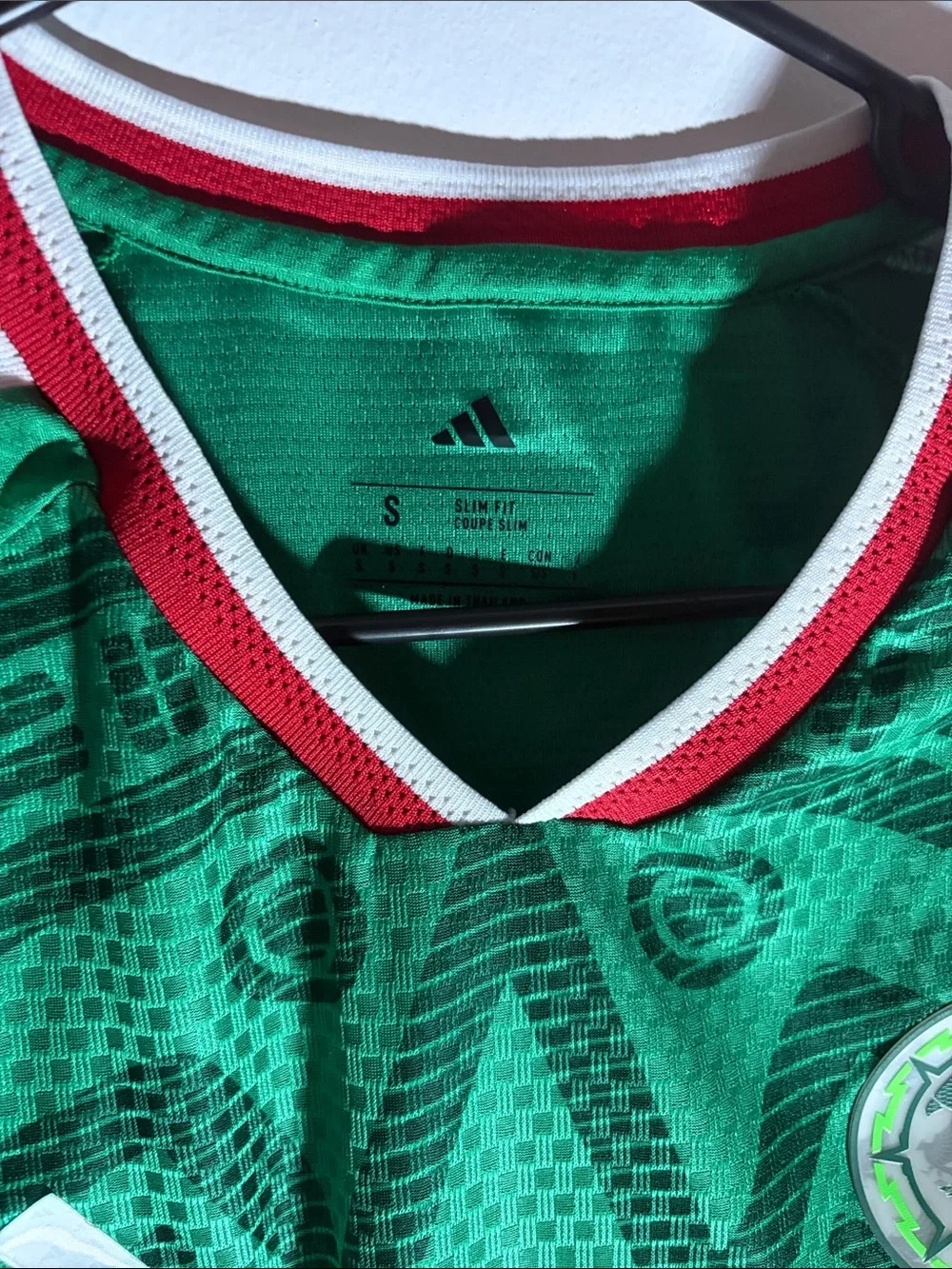 adidas Green Mexico Soccer Jersey with White Stripes and Red Trim